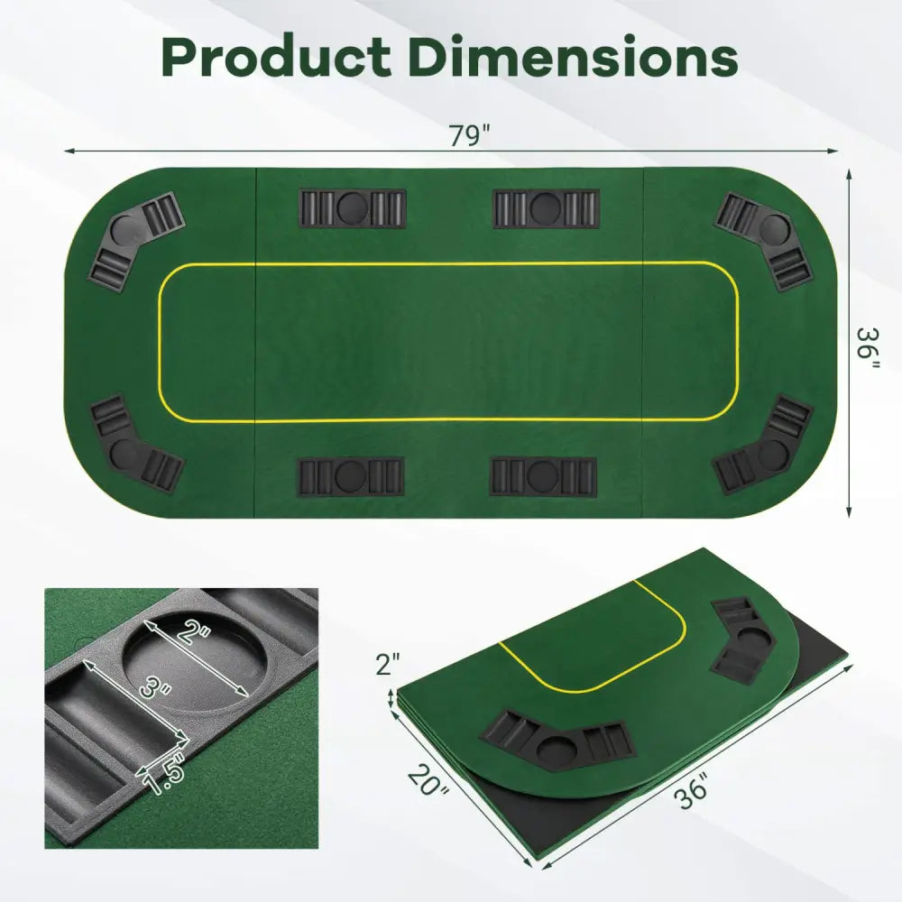 79 x 36 Inch 8-Player Foldable Poker Table Top with Carry Bag and Cup Holders - Green - Game Room