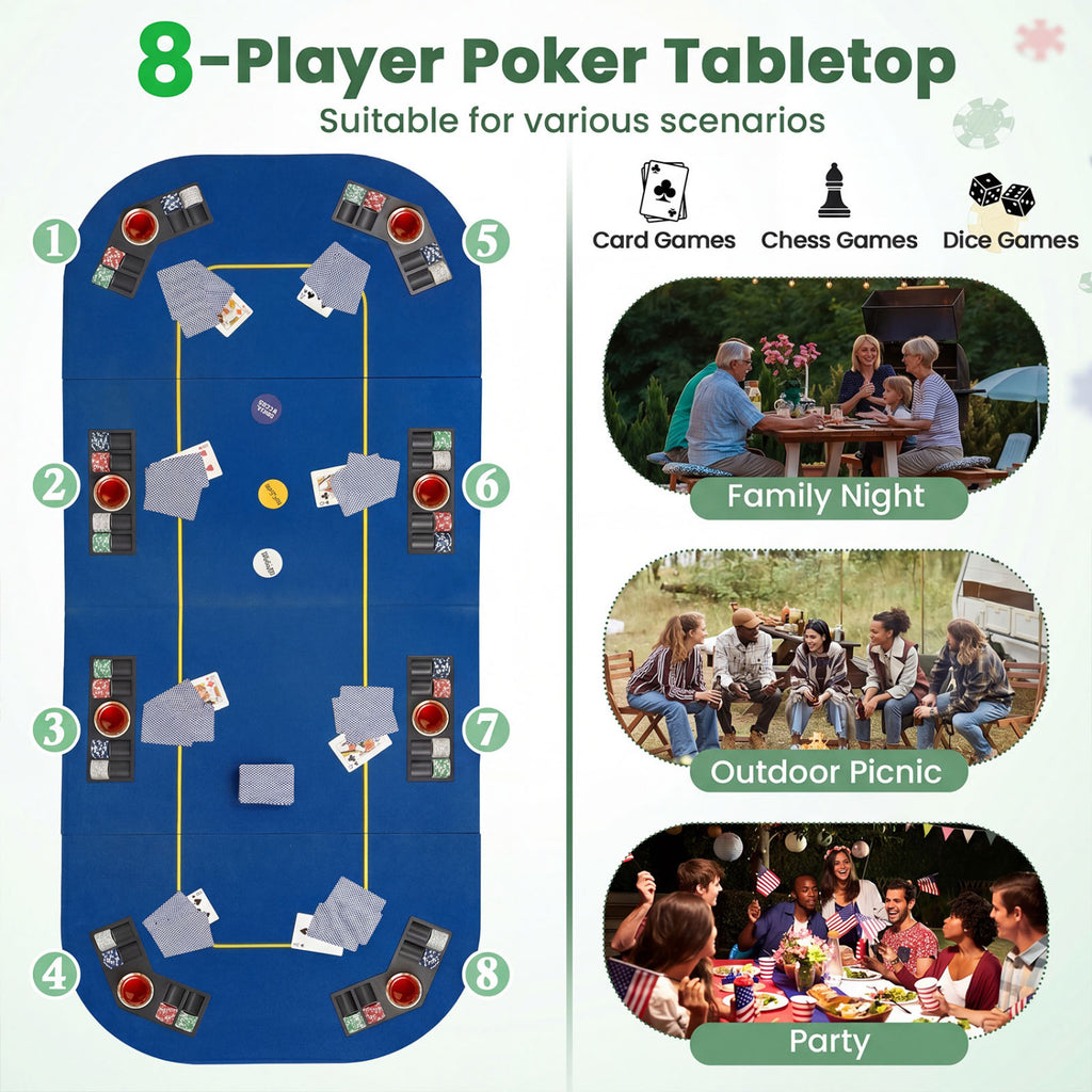 79 Inch x 36 Inch 8-Player Foldable Poker Table Top with Carry Bag and Cup Holders-Blue