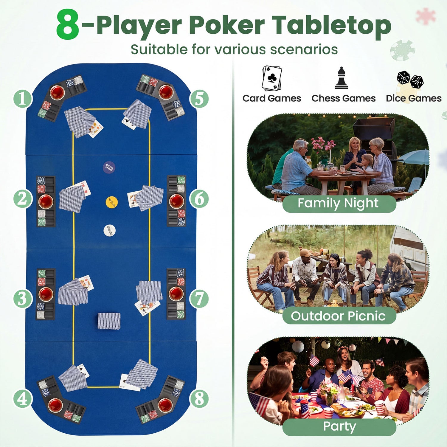 79 Inch x 36 Inch 8-Player Foldable Poker Table Top with Carry Bag and Cup Holders-Blue