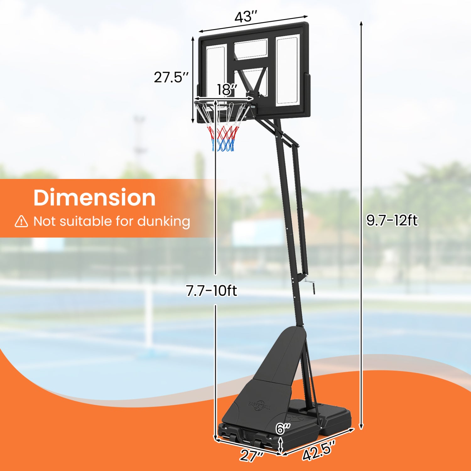 7.7-10 FT Tool-Free Height Adjustable Basketball Goal System