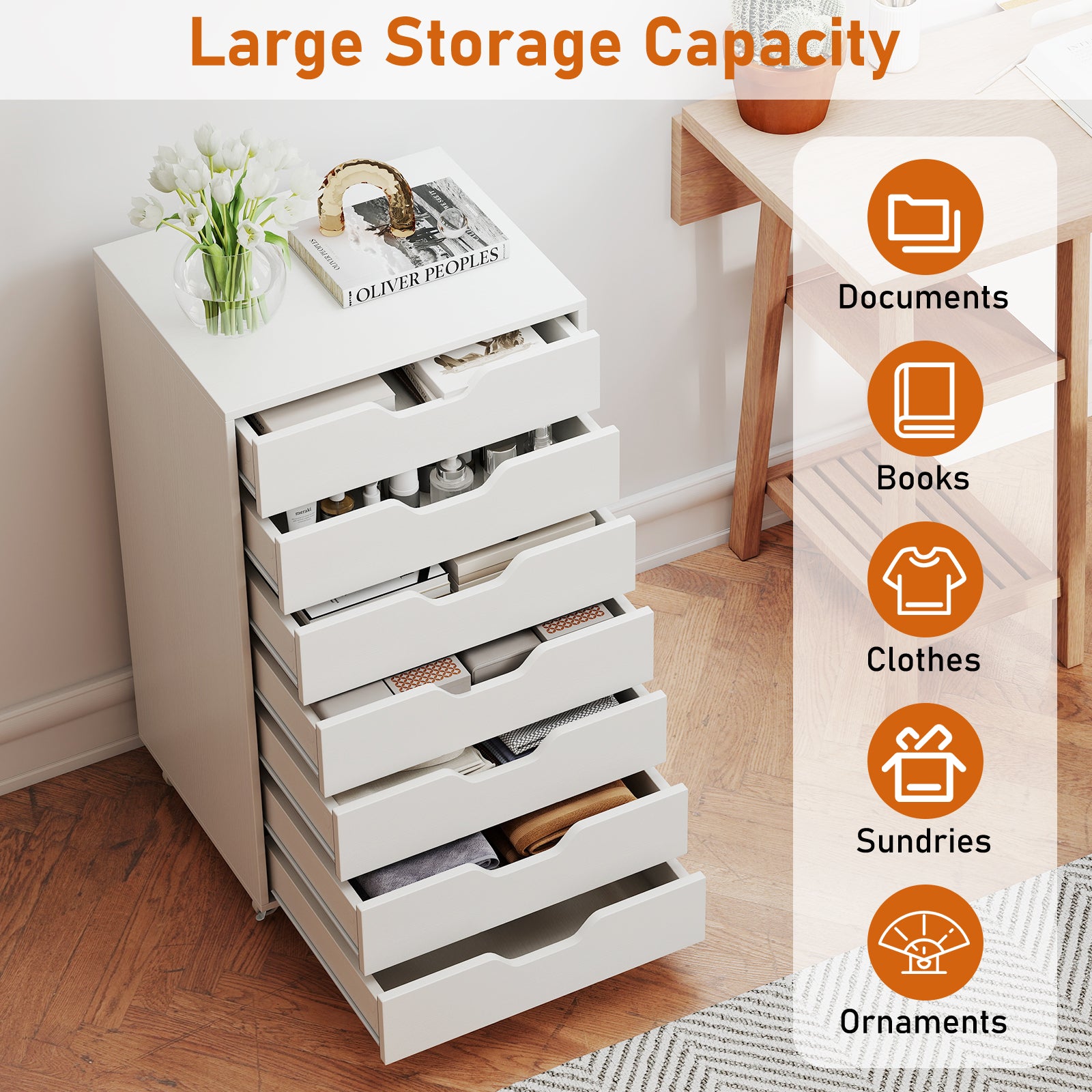 7-Drawer Chest Storage Dresser Floor Cabinet Organizer with Wheels-White