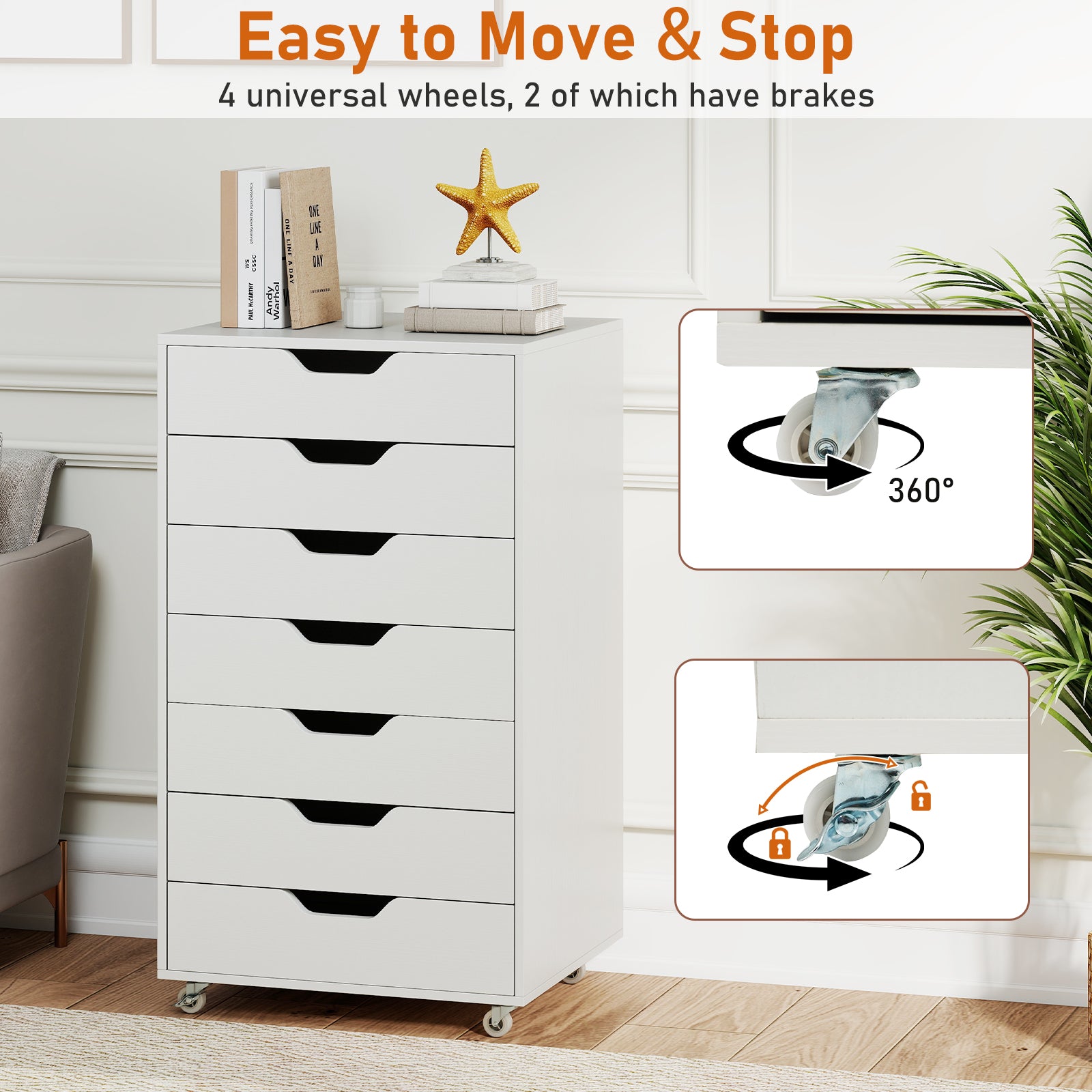 7-Drawer Chest Storage Dresser Floor Cabinet Organizer with Wheels-White