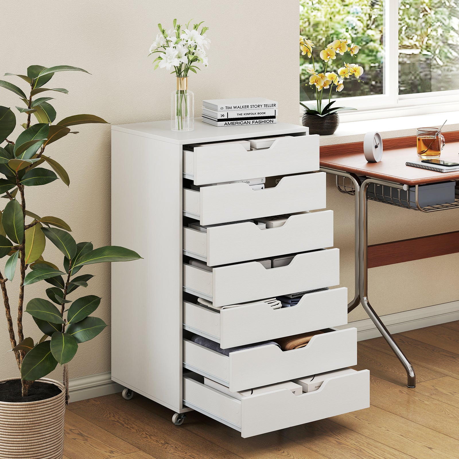 7-Drawer Chest Storage Dresser Floor Cabinet Organizer with Wheels-White