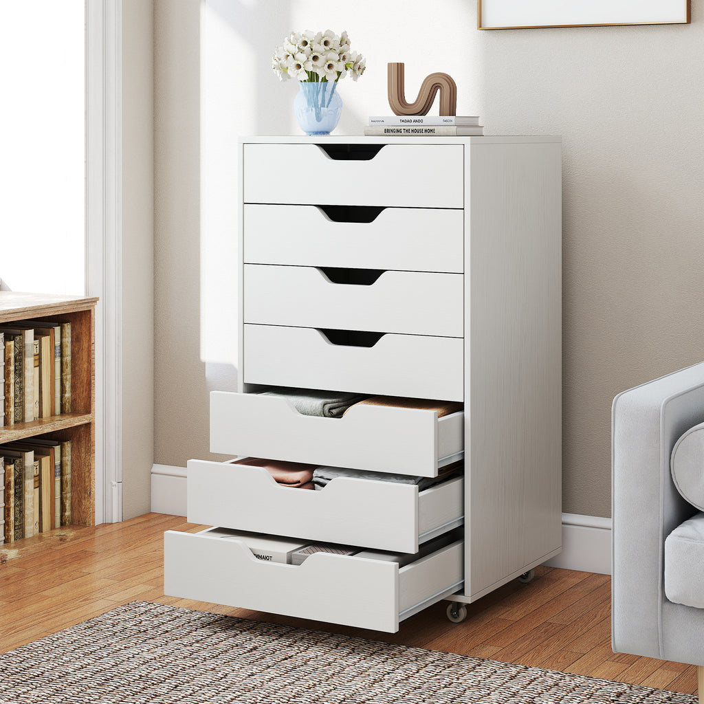 7-Drawer Chest Storage Dresser Floor Cabinet Organizer with Wheels-White