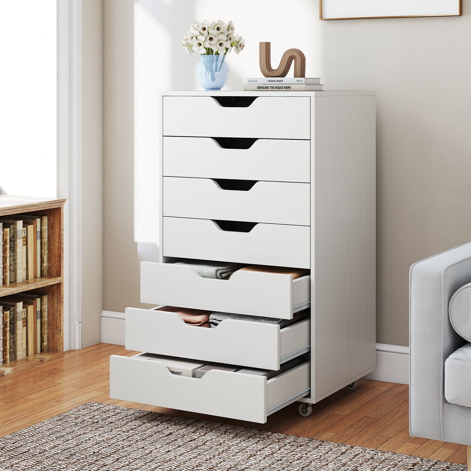 7-Drawer Chest Storage Dresser Floor Cabinet Organizer with Wheels-White