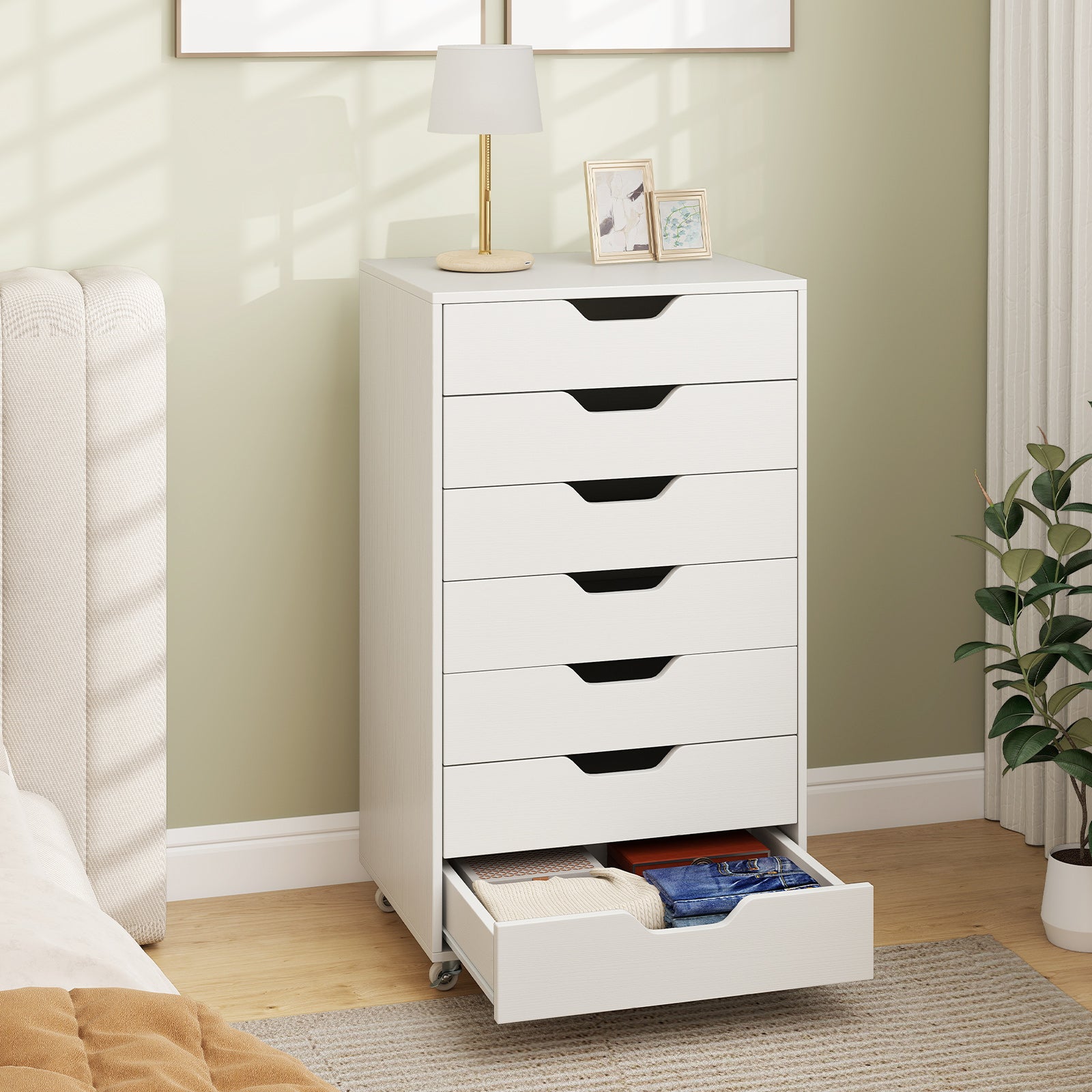7-Drawer Chest Storage Dresser Floor Cabinet Organizer with Wheels-White