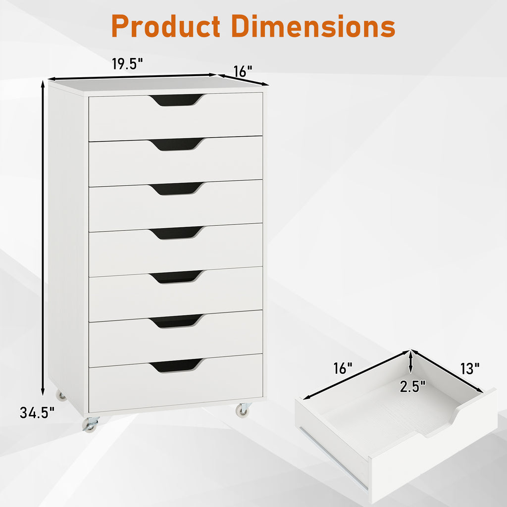 7-Drawer Chest Storage Dresser Floor Cabinet Organizer with Wheels-White