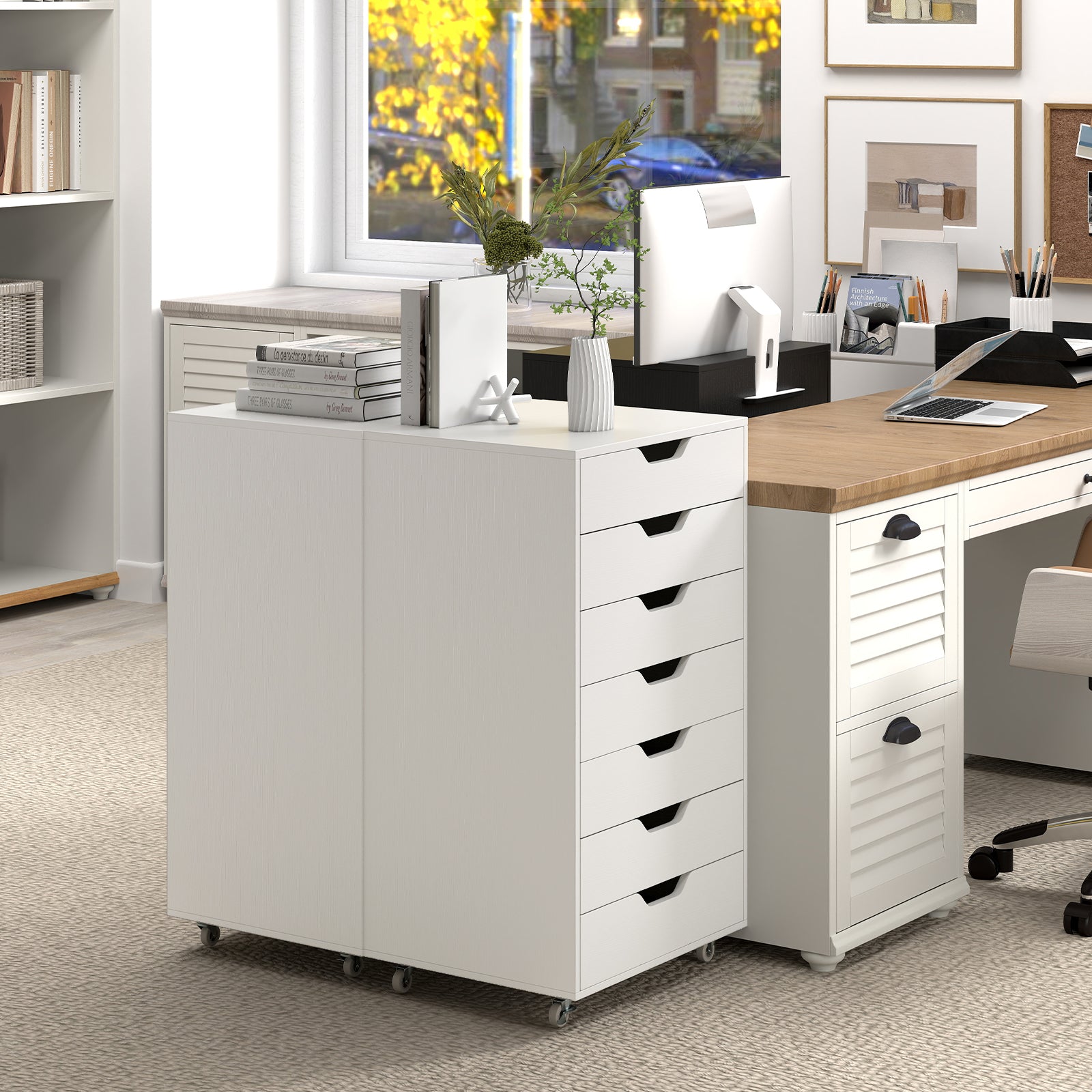 7-Drawer Chest Storage Dresser Floor Cabinet Organizer with Wheels-White