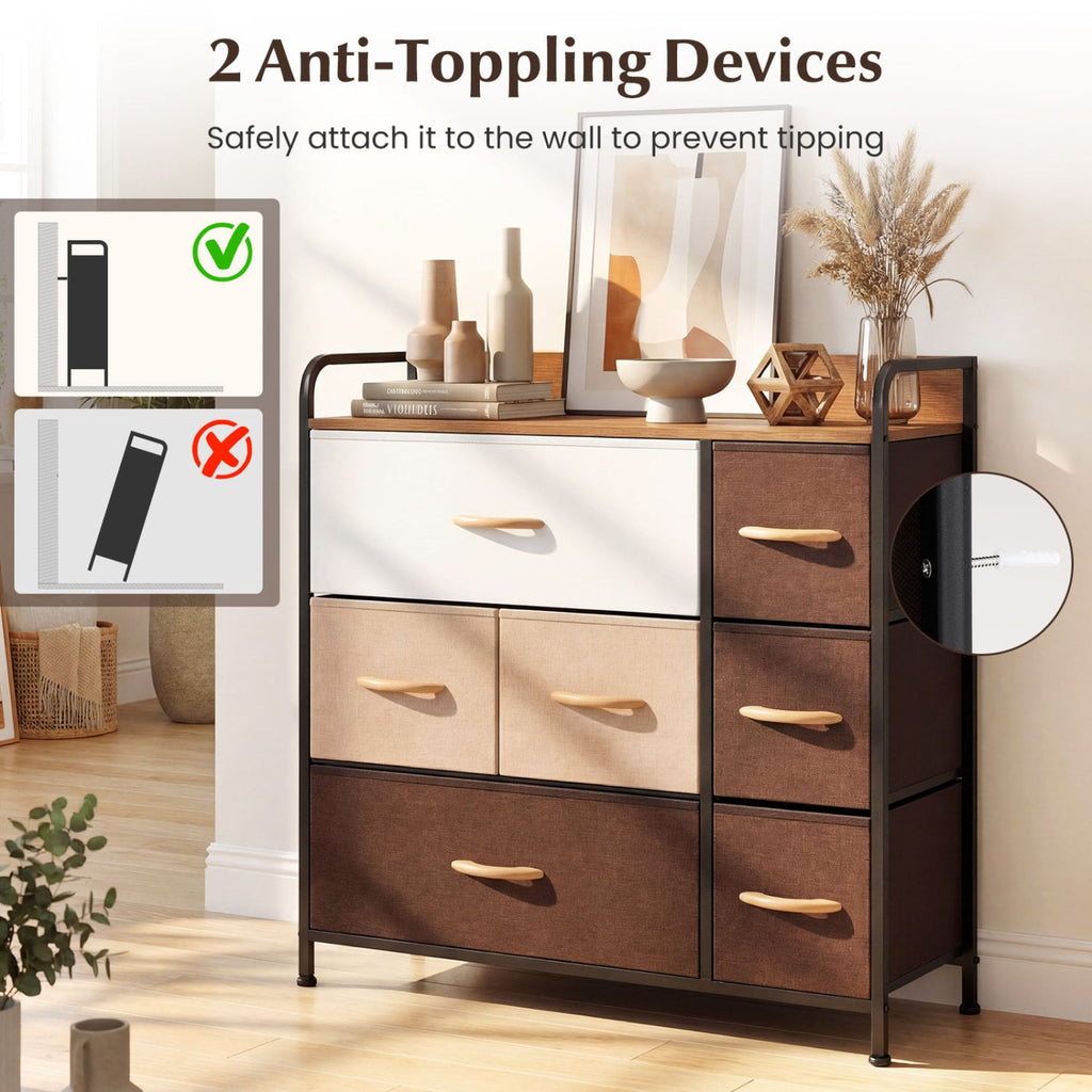 7 Drawer Tower Steel Frame and Wooden Top Dresser Storage Chest for Bedroom
