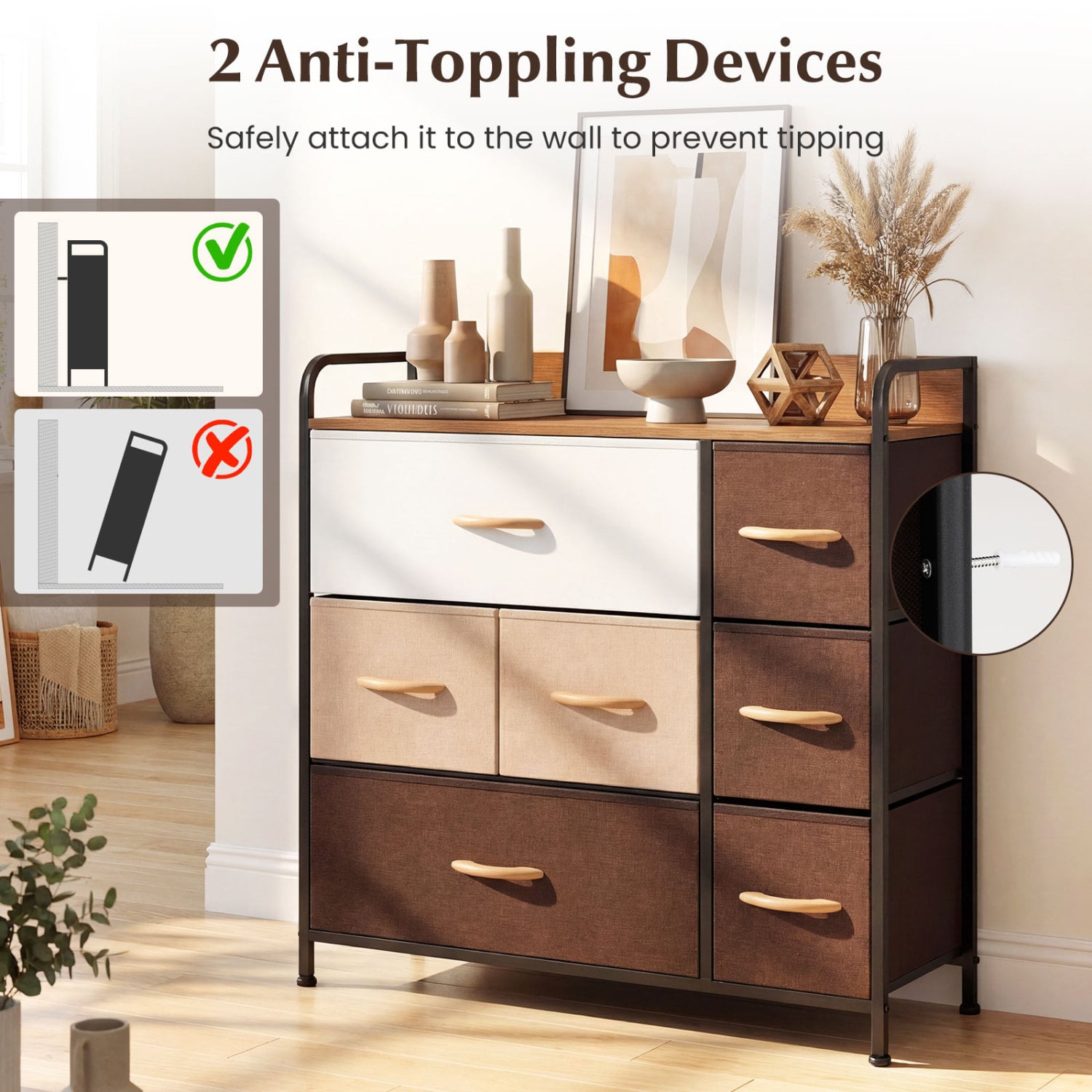 7 Drawer Tower Steel Frame and Wooden Top Dresser Storage Chest for Bedroom