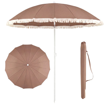 7 FT Patio Umbrella with Fringe Boho Tassel Umbrella for Outdoor Beach Garden Poolside-Brown