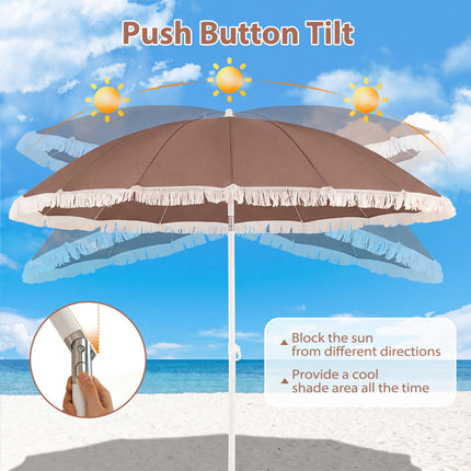7 FT Patio Umbrella with Fringe Boho Tassel Umbrella for Outdoor Beach Garden Poolside-Brown
