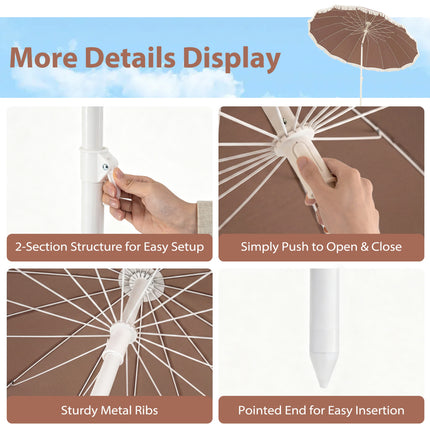 7 FT Patio Umbrella with Fringe Boho Tassel Umbrella for Outdoor Beach Garden Poolside-Brown