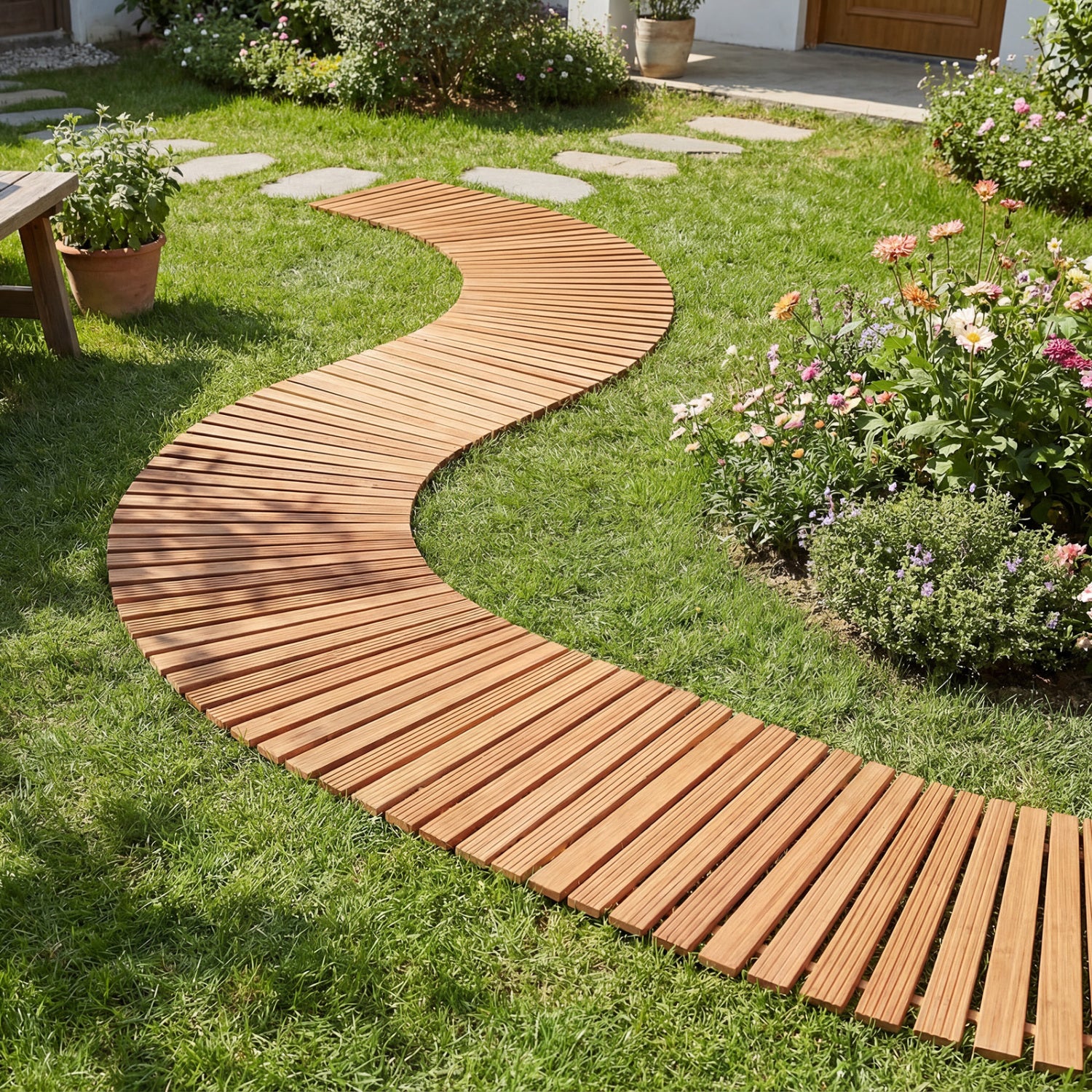 7 FT Wooden Garden Pathway with Anti-slip Surface for Gardens Patios-Natural