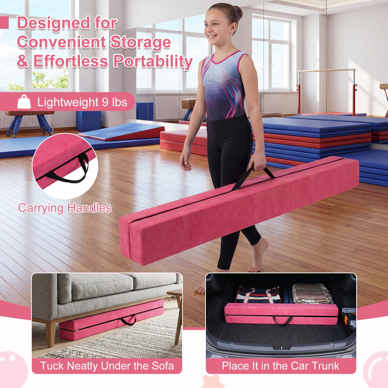 7 Feet Folding Portable Floor Balance Beam with Handles for Gymnasts-Rose
