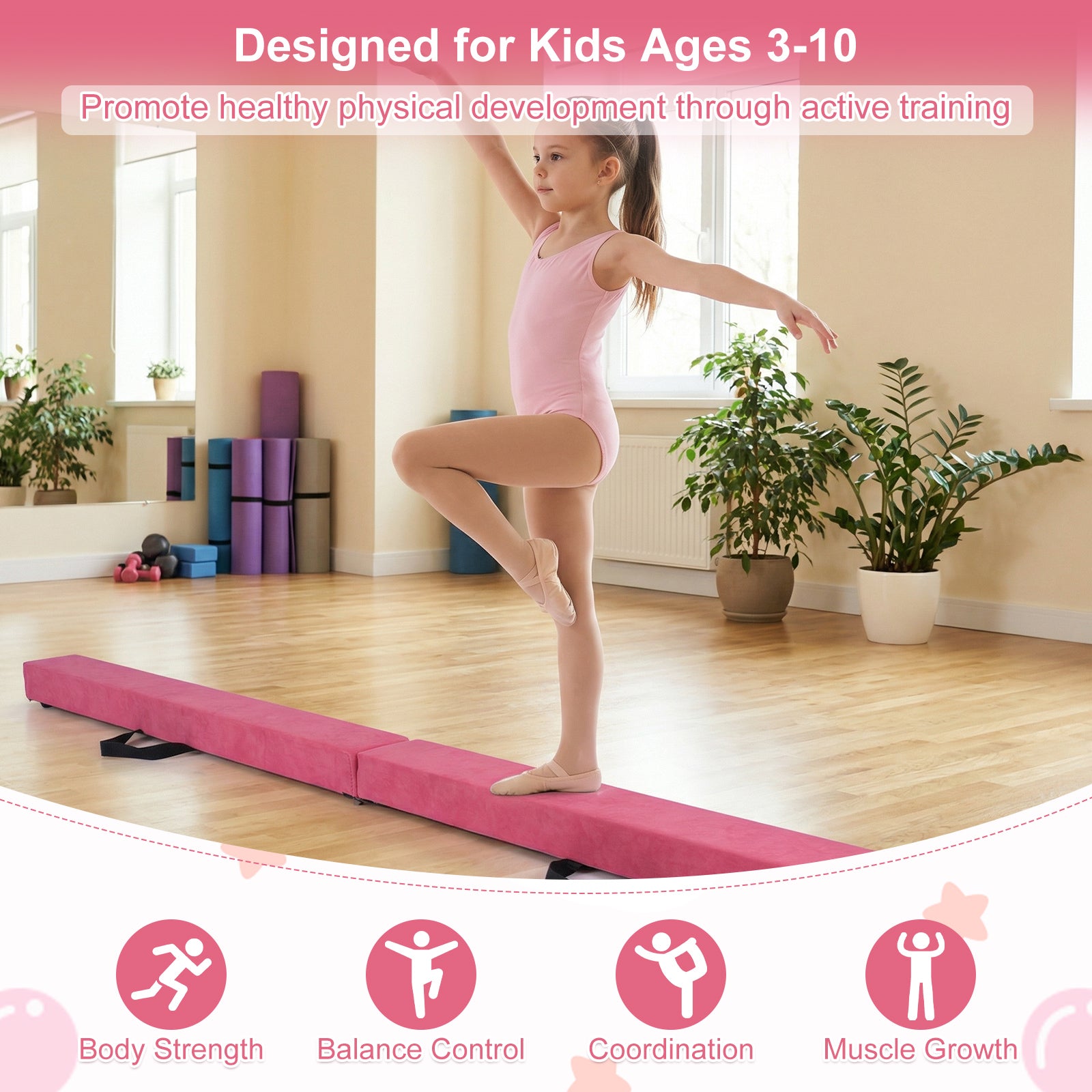 7 Feet Folding Portable Floor Balance Beam with Handles for Gymnasts-Rose