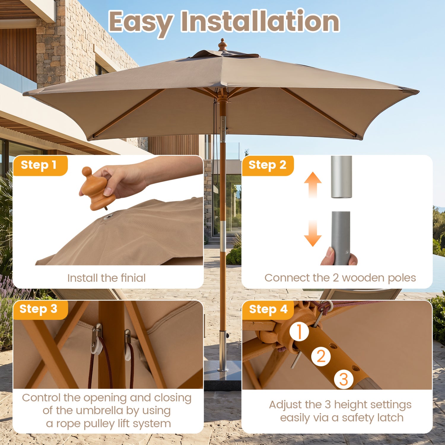 7 Feet Outdoor Rectangular Patio Umbrella with 3 Adjustable Heights-Coffee