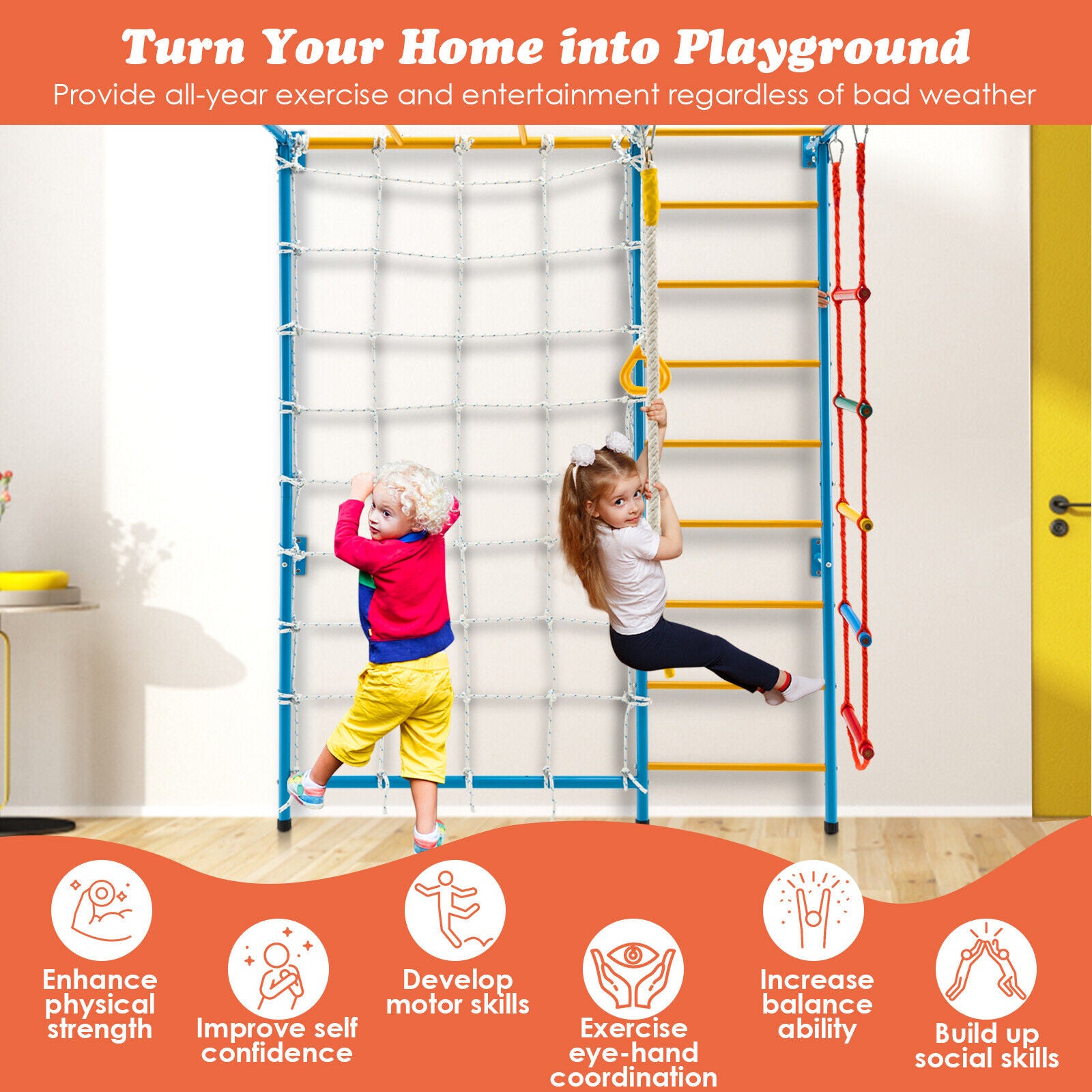 7 In 1 Kids Indoor Gym Playground Swedish Wall Ladder for Solid Wall-Yellow