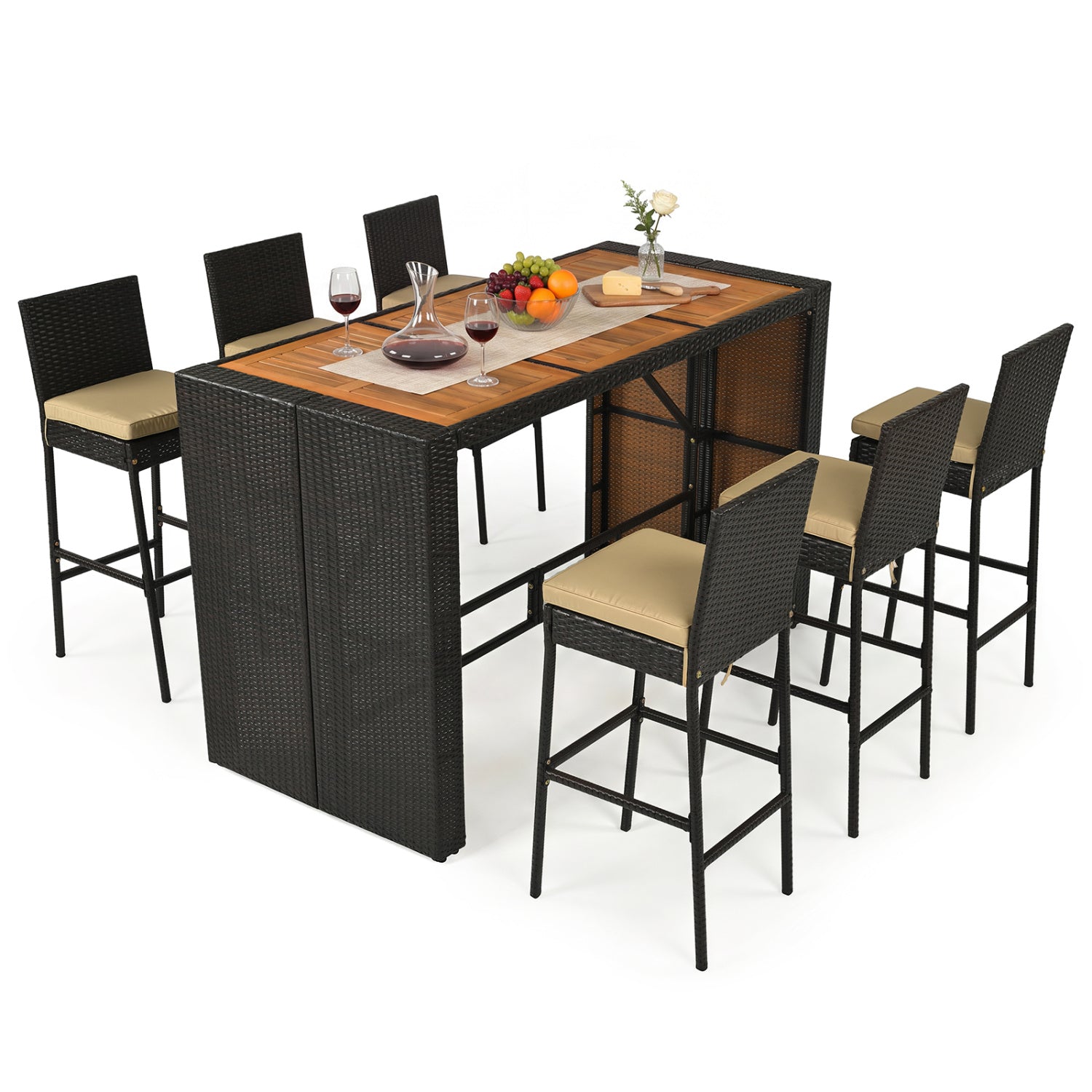 7-Piece Outdoor PE Wicker Bar Set with Bar Height Table and 6 Cushioned Stools for Yard-Brown
