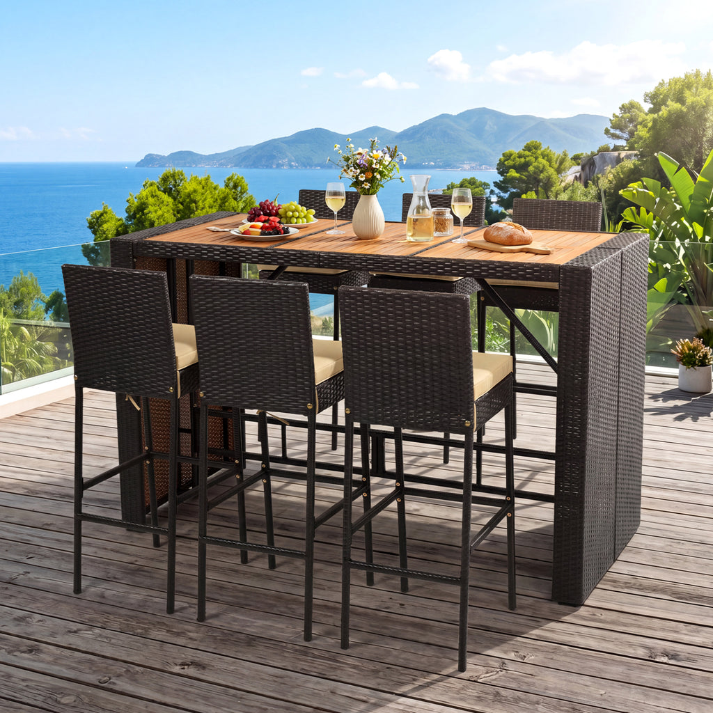 7-Piece Outdoor PE Wicker Bar Set with Bar Height Table and 6 Cushioned Stools for Yard-Brown