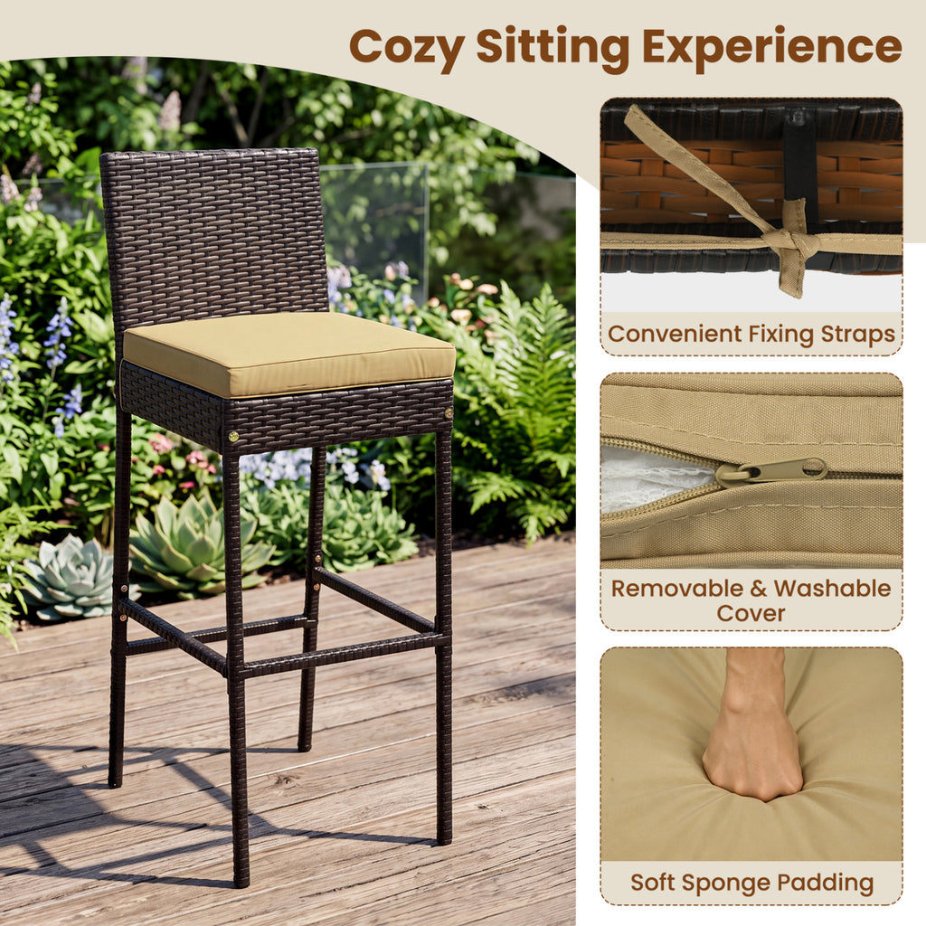 7-Piece Outdoor PE Wicker Bar Set with Bar Height Table and 6 Cushioned Stools for Yard-Brown