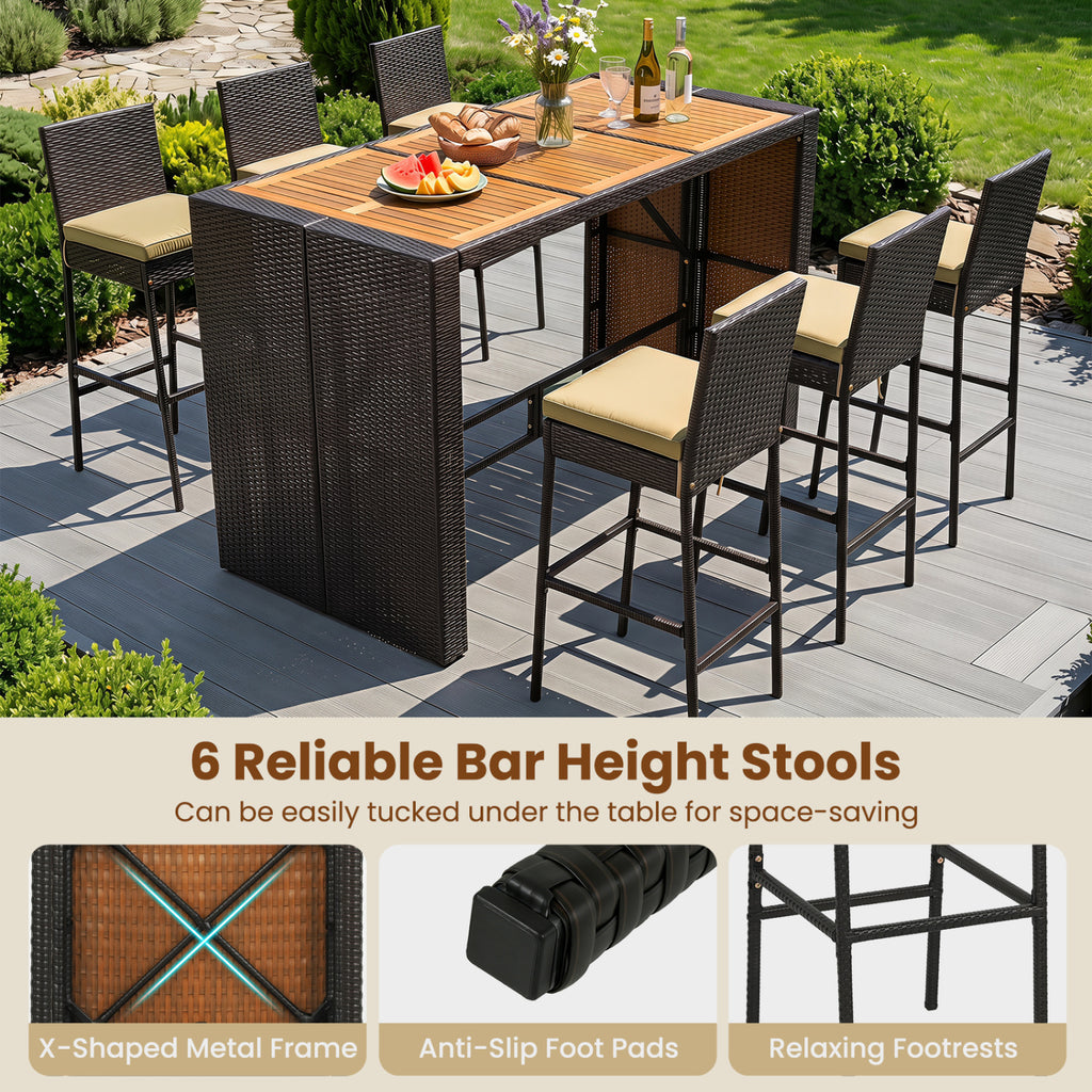 7-Piece Outdoor PE Wicker Bar Set with Bar Height Table and 6 Cushioned Stools for Yard-Brown