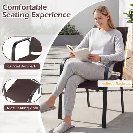 7-Piece Patio Dining Set for 6 with Rectangle Metal Table and Stackable Breathable Mesh Armchairs-Brown