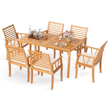 7Â Pieces AcaciaÂ WoodÂ PatioÂ DiningÂ Set withÂ 1.97 Inch Umbrella Hole and Padded Cushions