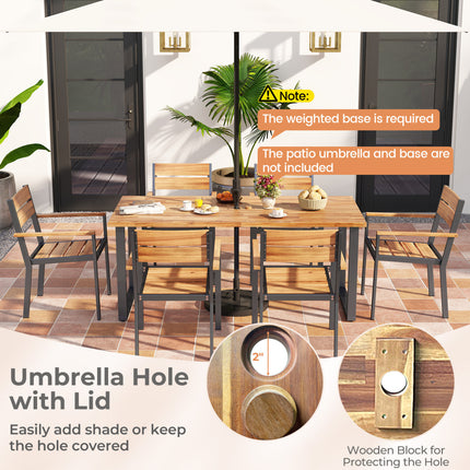 7 Pieces Acacia Wood Patio Dining Set with Metal Frame and 2 Inches Umbrella Hole
