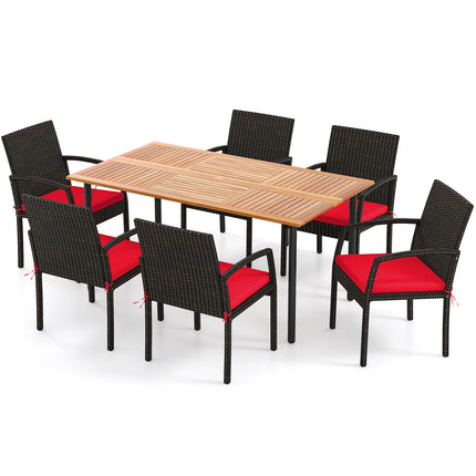 7 Pieces Outdoor Dining Set Acacia Wood Table with Umbrella Hole and Cushions-Red