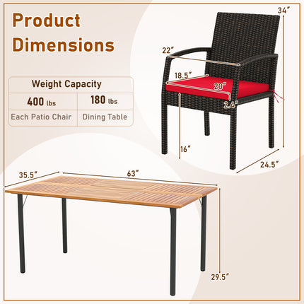 7 Pieces Outdoor Dining Set Acacia Wood Table with Umbrella Hole and Cushions-Red
