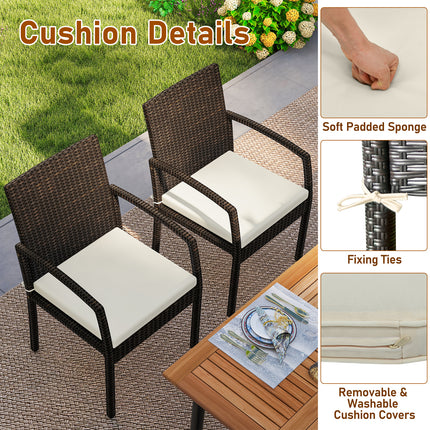 7 Pieces Outdoor Dining Set Acacia Wood Table with Umbrella Hole and Cushions-White