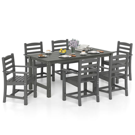 7 Pieces Outdoor Dining Table Set for 6 People 67 Inch HDPE Patio Rectangle Table and 6 Armchairs-Gray