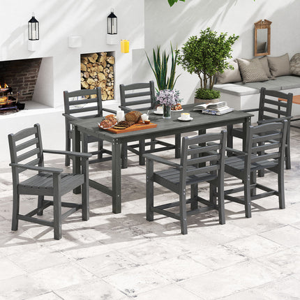 7 Pieces Outdoor Dining Table Set for 6 People 67 Inch HDPE Patio Rectangle Table and 6 Armchairs-Gray