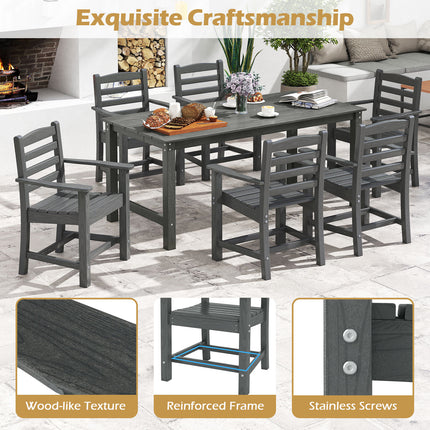 7 Pieces Outdoor Dining Table Set for 6 People 67 Inch HDPE Patio Rectangle Table and 6 Armchairs-Gray