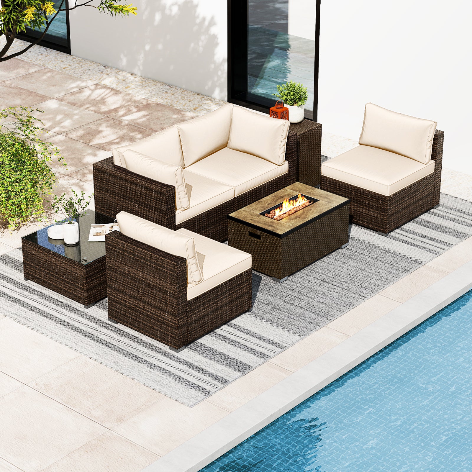 Ensemble de mobilier d'extérieur 7 pièces avec table brasero de 32 pouces et cache-bouteille de propane - Blanc