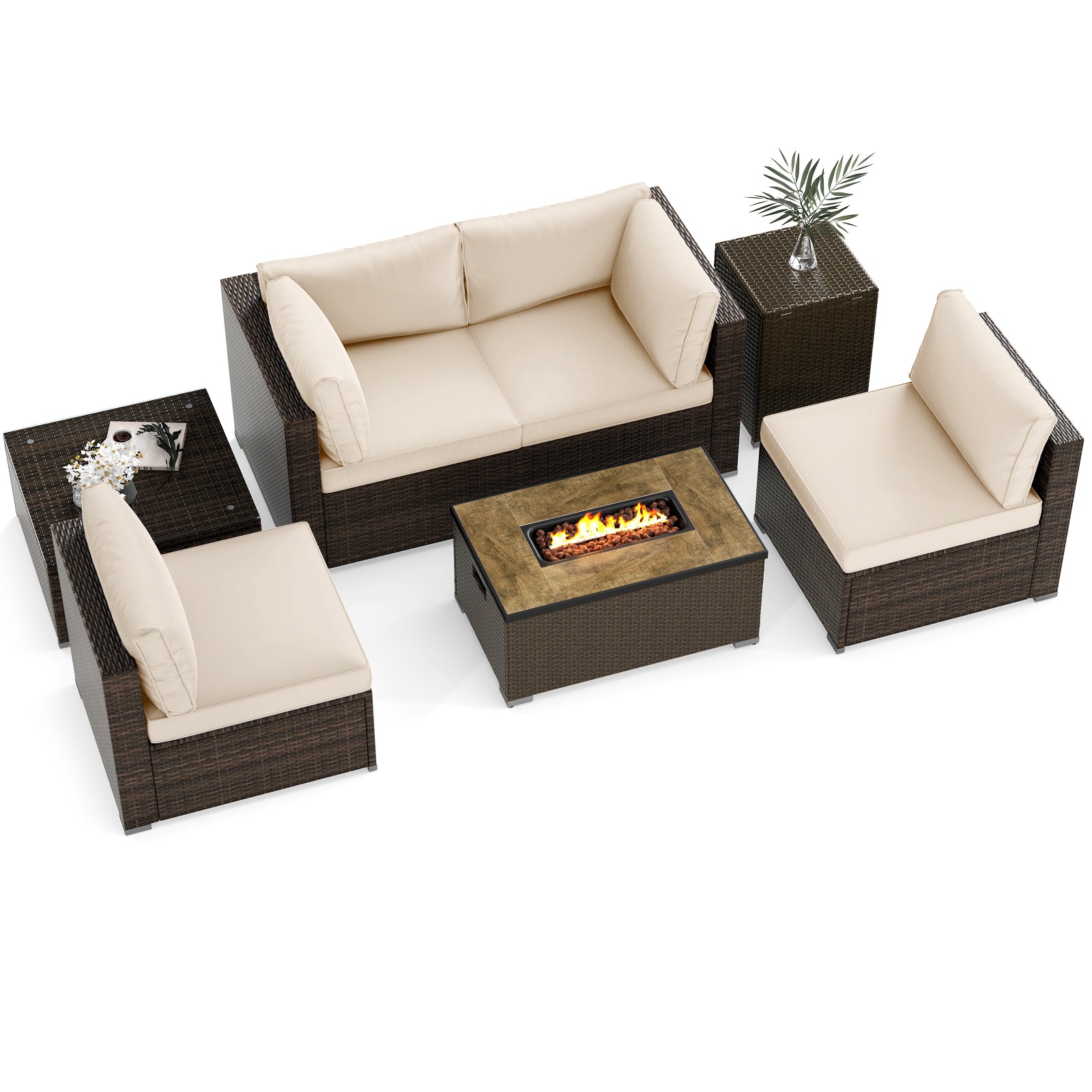 Ensemble de mobilier d'extérieur 7 pièces avec table brasero de 32 pouces et cache-bouteille de propane - Blanc