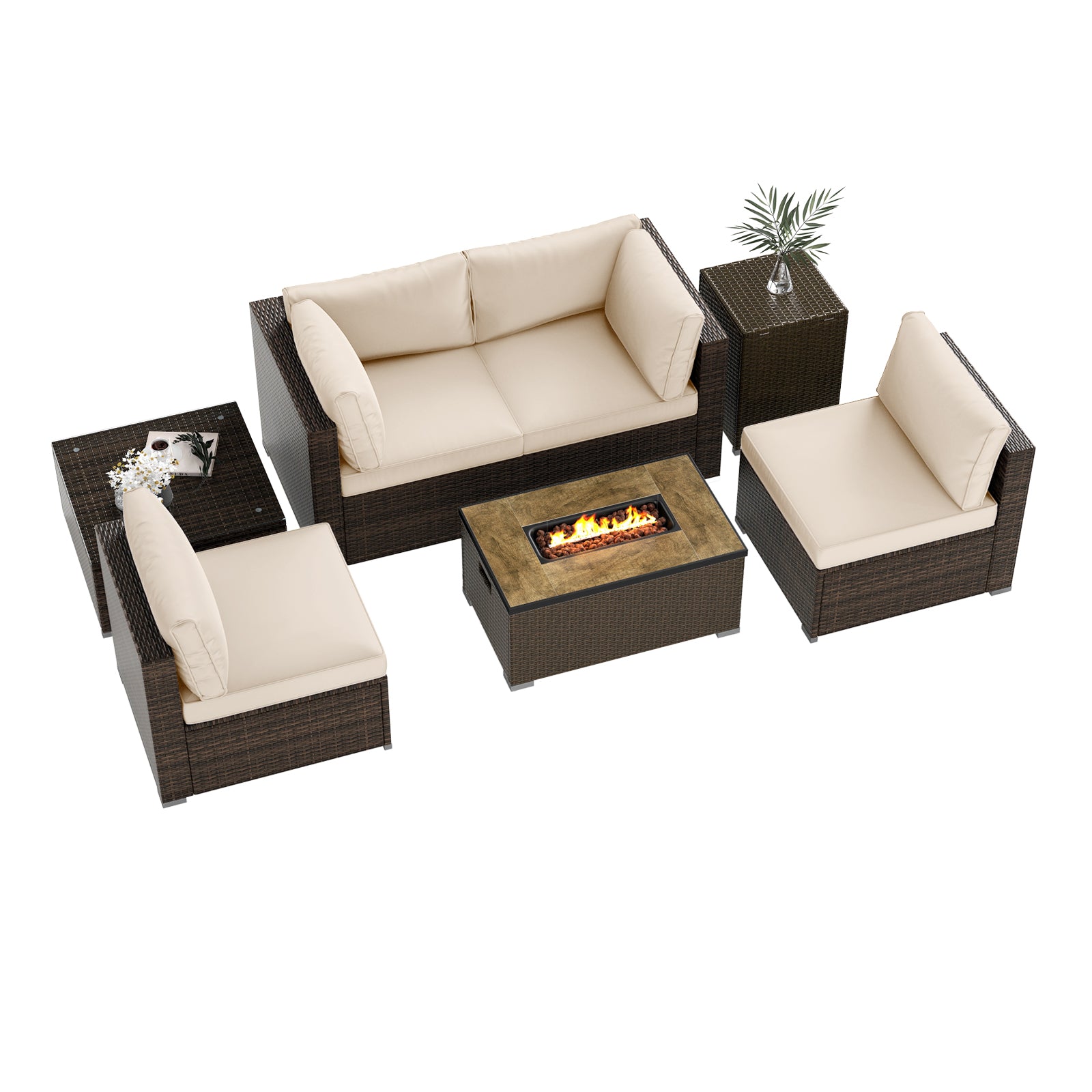 Ensemble de mobilier d'extérieur 7 pièces avec table brasero de 32 pouces et cache-bouteille de propane - Blanc