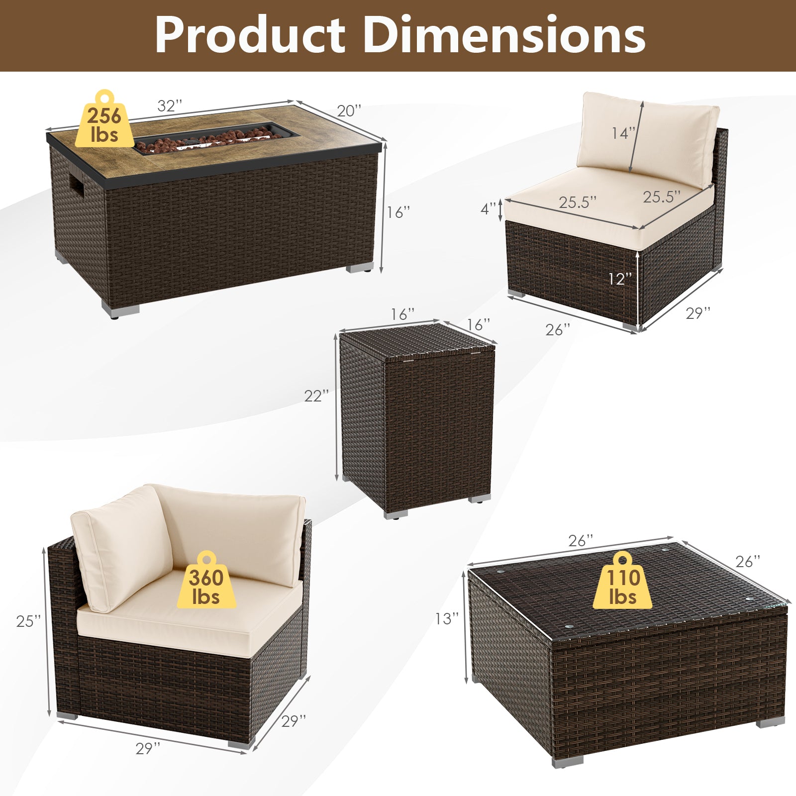 Ensemble de mobilier d'extérieur 7 pièces avec table brasero de 32 pouces et cache-bouteille de propane - Blanc