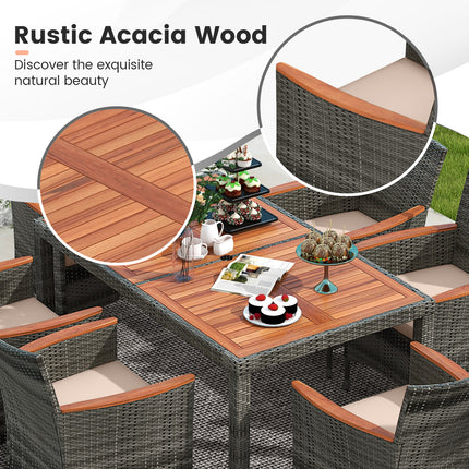 7 Pieces Patio Acacia Wood Cushioned PE Rattan Wicker Dining Set for Patio