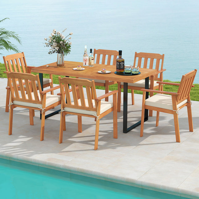 7 Pieces Patio Dining Table Set 63â€ Rectangle Table and 6 Acacia Wood Armchairs