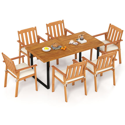 7 Pieces Patio Dining Table Set 63â€ Rectangle Table and 6 Acacia Wood Armchairs