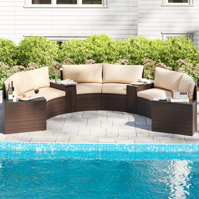 7 Pieces Patio Furniture Set PE Rattan Half-Moon Curved Sofas with Side Tables-brown