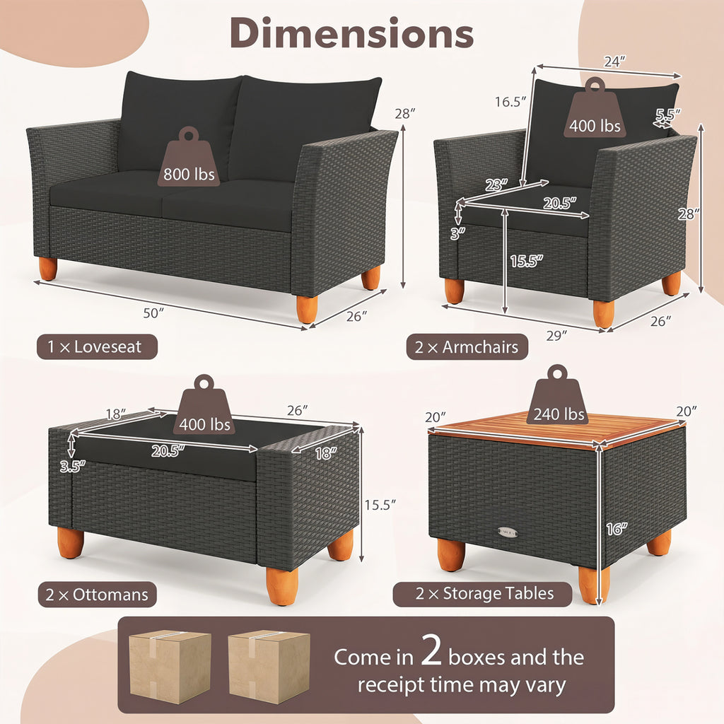 7 Pieces Patio Furniture PE Rattan Sectional Sofa Set with Armchairs and Table-Black