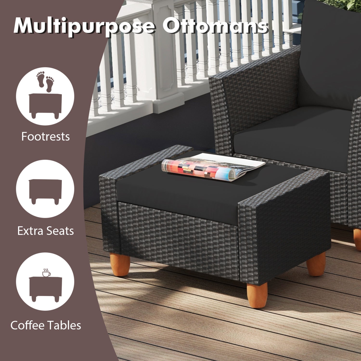 7 Pieces Patio Furniture PE Rattan Sectional Sofa Set with Armchairs and Table-Black