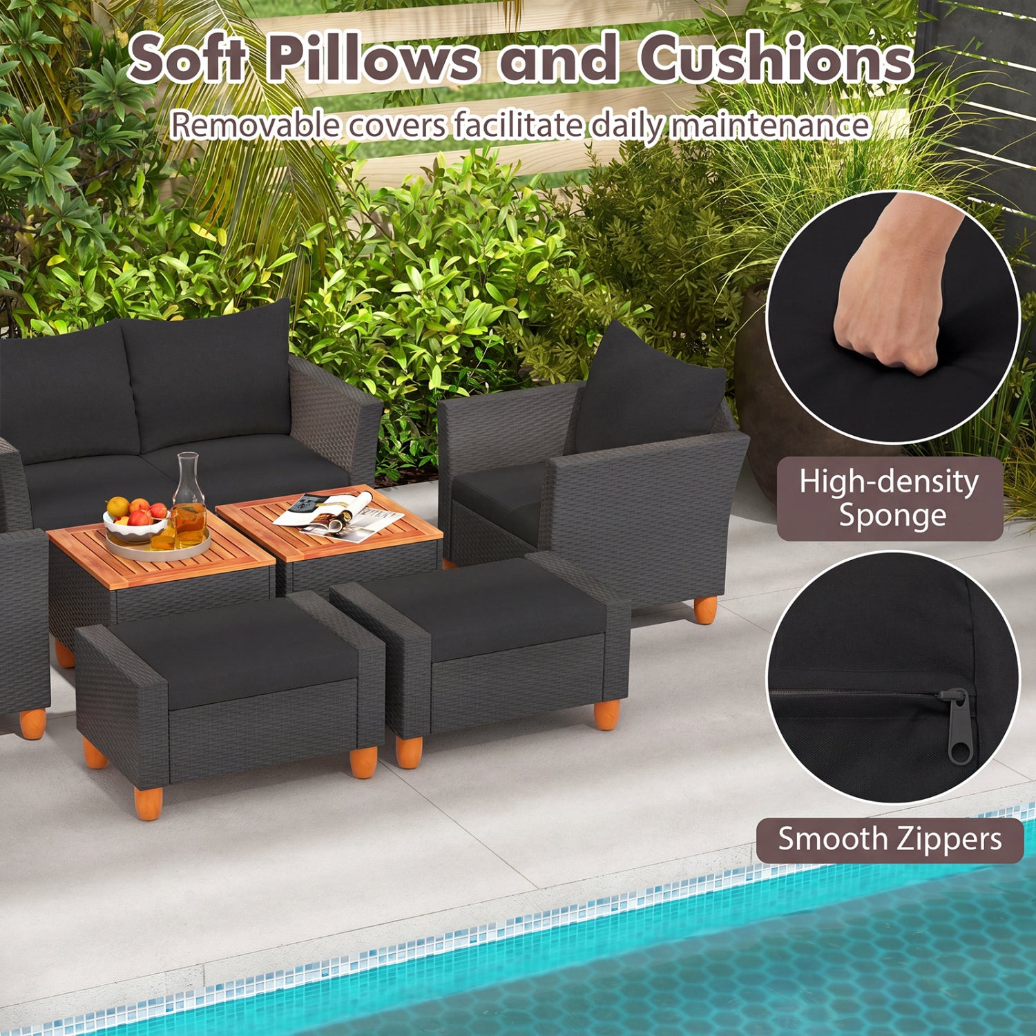 7 Pieces Patio Furniture PE Rattan Sectional Sofa Set with Armchairs and Table-Black