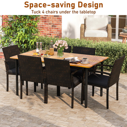 7 Pieces Patio Rattan Cushioned Dining Set with Umbrella Hole-Black