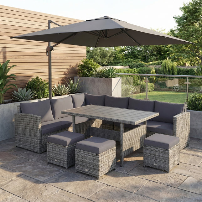 7 Pieces Patio Rattan Dining Furniture Sectional Sofa Set with Wicker Ottoman-Gray