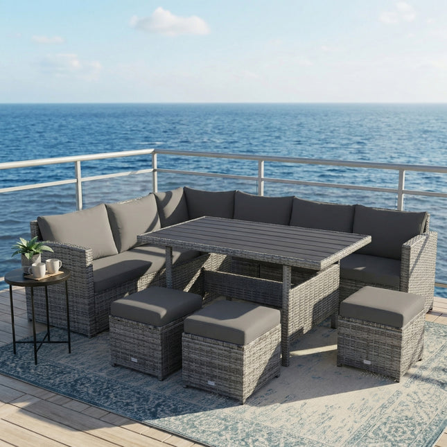 7 Pieces Patio Rattan Dining Furniture Sectional Sofa Set with Wicker Ottoman-Gray