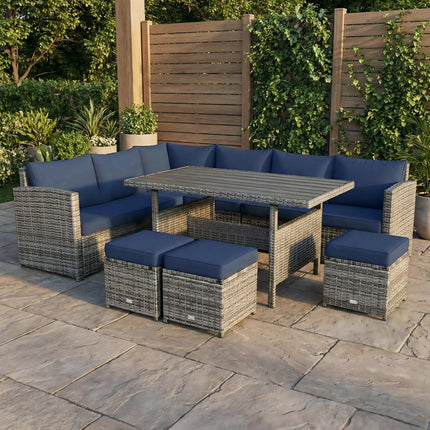 7 Pieces Patio Rattan Dining Furniture Sectional Sofa Set with Wicker Ottoman-Navy